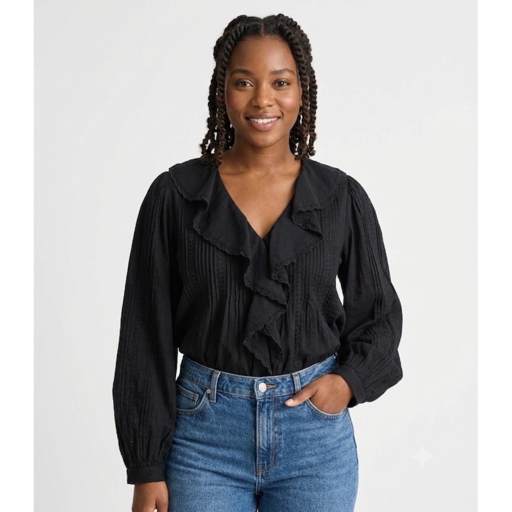 Madewell Top Black Womens XL Lace Insert Ruffled Pintuck Long Sleeve Shirt NY668